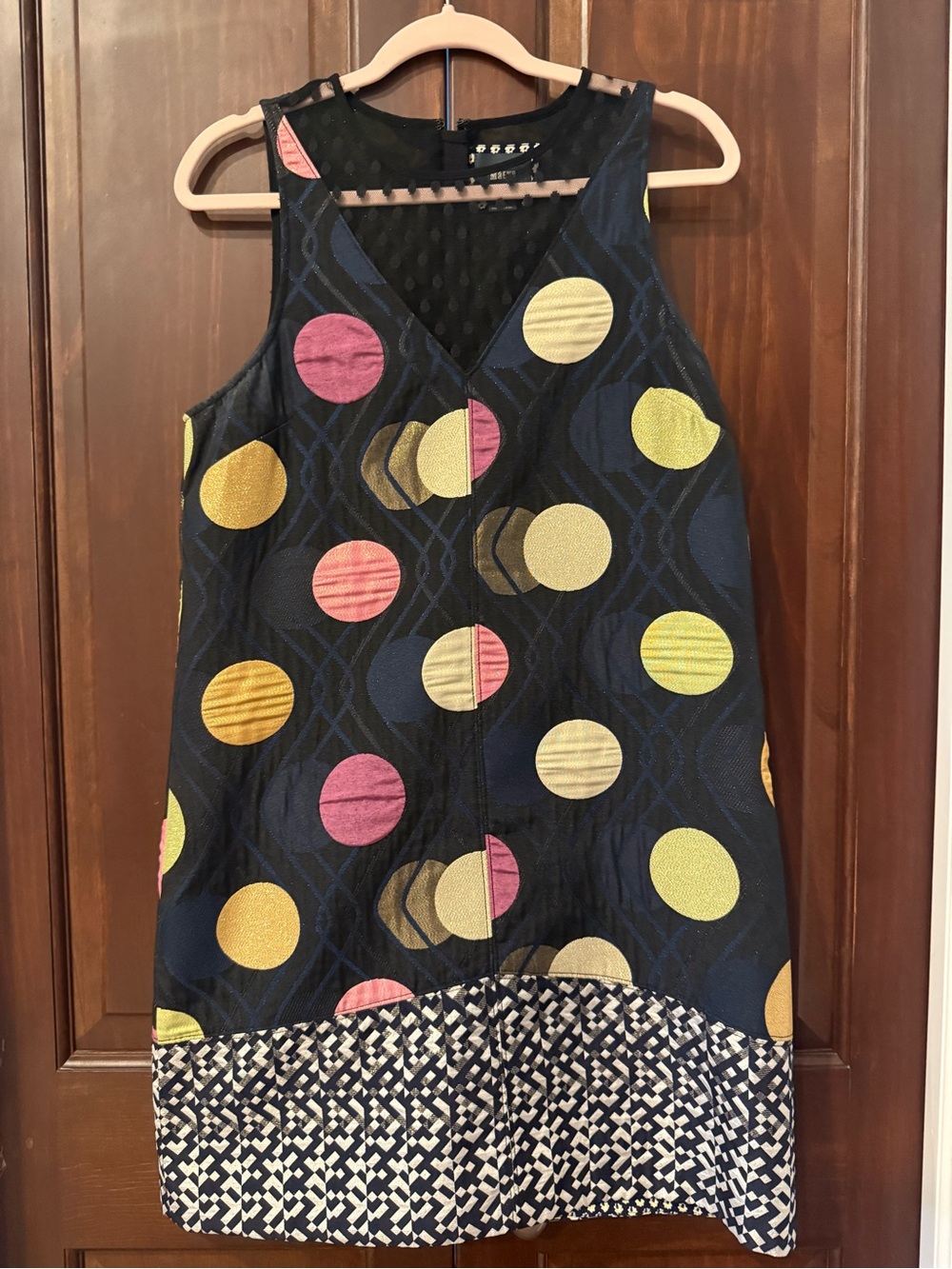 Maeve Navy Sleeveless Polka Dot Dress with Yellow & Pink Accents